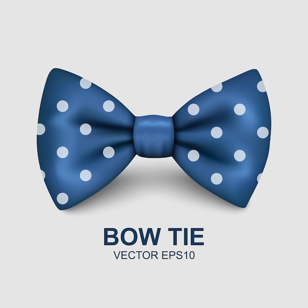 Vector 3d Realistic Blue Polka Dot Bow Tie Icon Closeup Isolated on White Background Silk Glossy Bowtie Tie Gentleman Mockup Design Template Bow tie for Man Mens Fashion Fathers Day Holiday