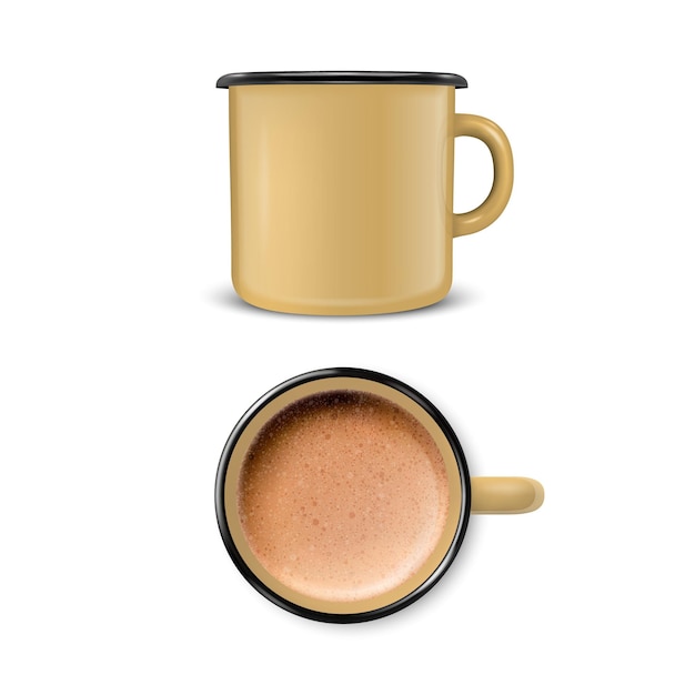 Vector vector 3d realistic brown enamel metal blank brown mug with foam milk coffee inside isolated on white background front and top view design template for mock up