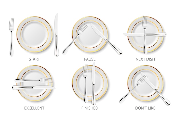 Vector 3d Realistic Ceramic Porcelain White Plate with Golden Strip Set Isolated on White Background Dining Etiquette Forks and Knifes Signals Top View