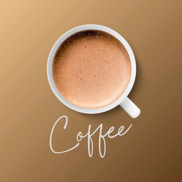 Vector 3d Realistic Ceramic White Porcelain Ceramic Coffee Mug Cup Closeup Isolated on Brown Background Foam Coffee Capuccino Latte Design Template Top View