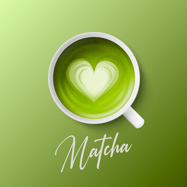 Vector 3d Realistic Ceramic White Porcelain Ceramic Coffee Mug Cup Closeup Isolated on Green Background Green Milk Foam Matcha Heart Pattern Design Template Top View