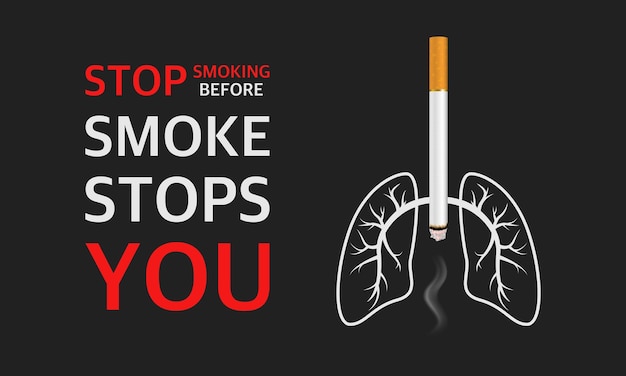 Vector 3d Realistic Cigarette Lungs Smoke and Quote on Black Background May 31st World No Tobacco Day No Smoking Day Awareness Stop Smoking Campaign Concept