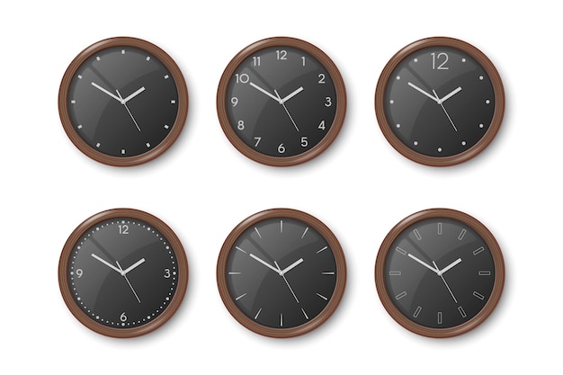 Vector vector 3d realistic dark brown wooden wall office clock icon set isolated on white black dial design template of wall clock closeup mockup for branding and advertise top front view