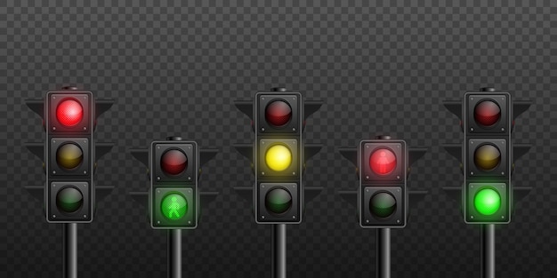 Vector 3d Realistic Detailed Road Turned on Traffic Light Icon Set Isolated Safety Rules Concept Design Templete Stoplight Traffic Lights