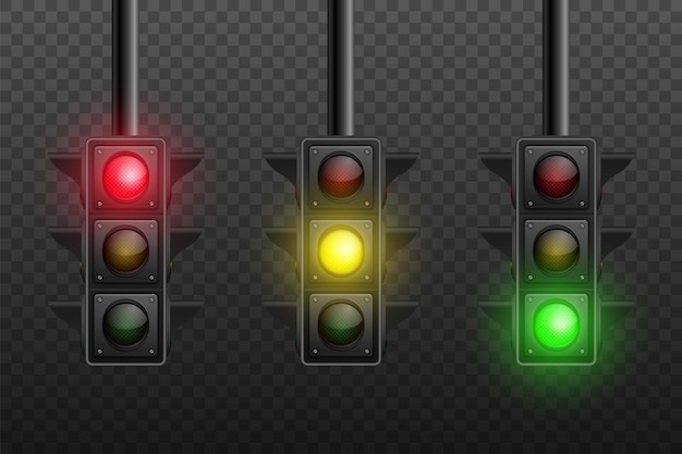 Vector vector 3d realistic detailed road turned on traffic light icon set isolated safety rules concept design templete stoplight traffic lights