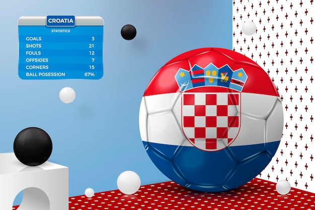 Vector 3d realistic football ball with Croatia flag scoreboard isolated in corner wall