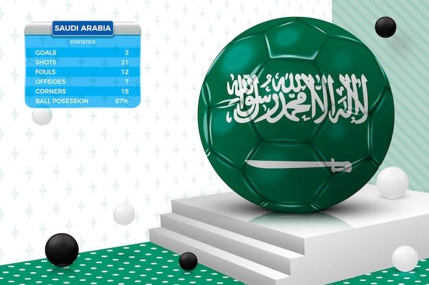 Vector 3d realistic football ball with saudi arabia flag, scoreboard, isolated in corner wall abstract scene with podium, white and black objects.