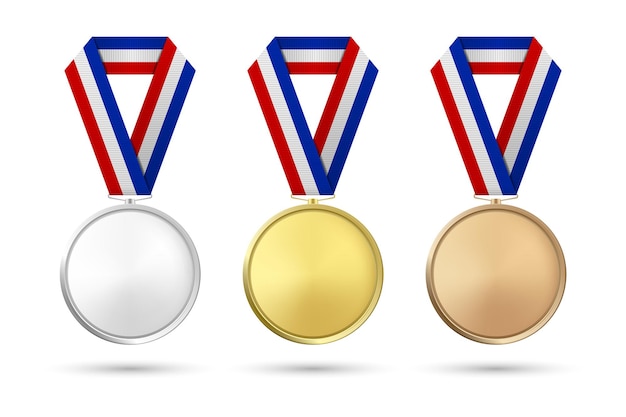 Vector 3d Realistic Gold Silver and Bronze Award Medal Icon Set with Color Ribbons Closeup Isolated on White Background The First Second Third Place Prizes Sport Tournament Victory Concept