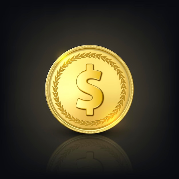 Vector 3d Realistic Golden Dollar Coin Currency Money Wealth Capital Banking Ecommerce Exchange Finance Concept Glow Coin Closeup on Dark Background with Reflection Front View