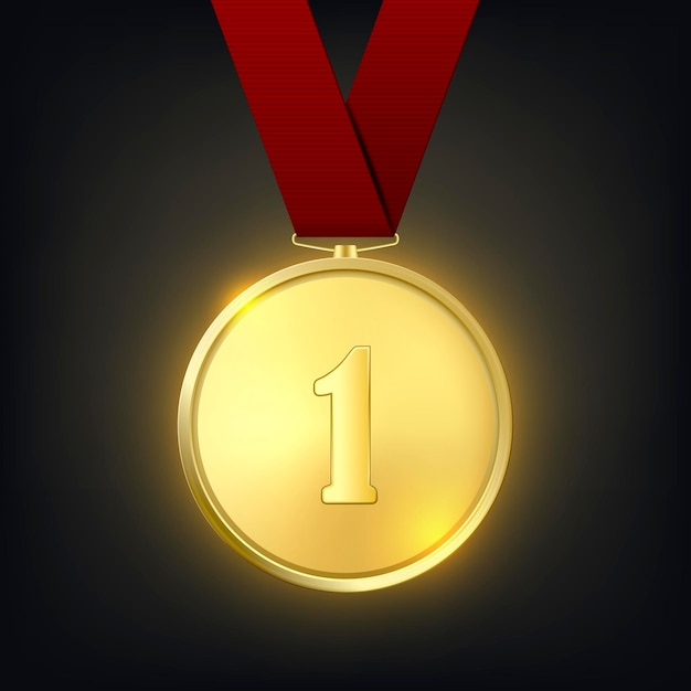 Vector 3d Realistic Golden Medal with Red Ribbon Victory Concept Glow First Place Badge Closeup on Dark Background Front View