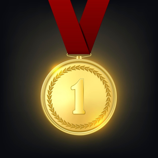 Vector 3d Realistic Golden Medal with Red Ribbon Victory Concept Glow First Place Badge Closeup on Dark Background Front View