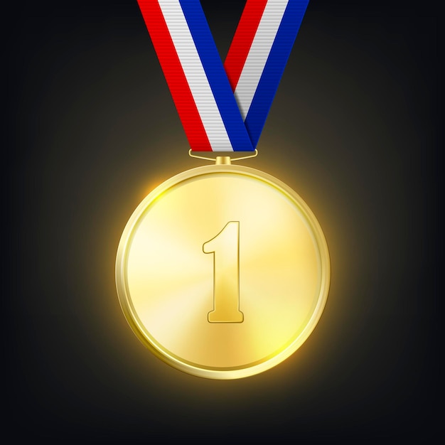 Vector 3d Realistic Golden Medal with Striped Tricolor Ribbon Victory Concept Glow First Place Badge Closeup on Dark Background Front View