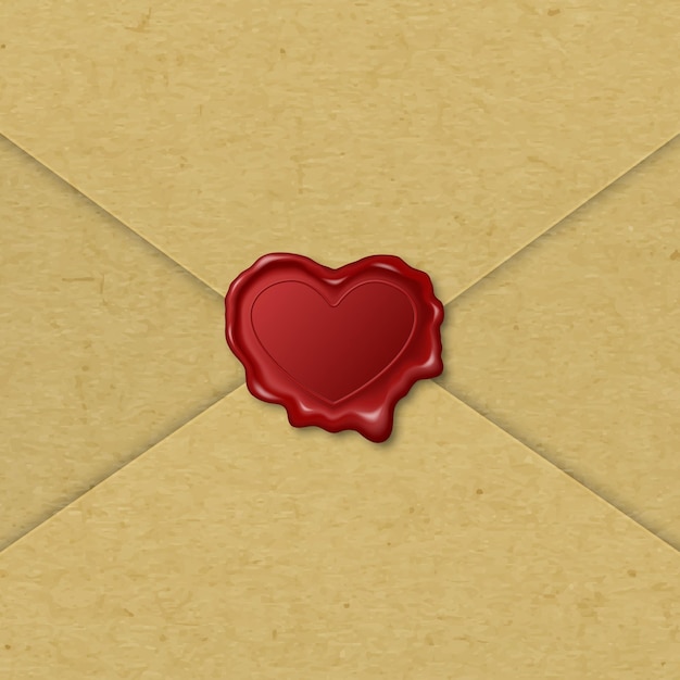 Vector 3d Realistic Heart Shaped Red Stamp Wax Seal Brown Paper Envelope Closeup Sealing Wax Stamp Label for Quality Certificate Document Letter Envelope Isolated Valentine Day Love Concept