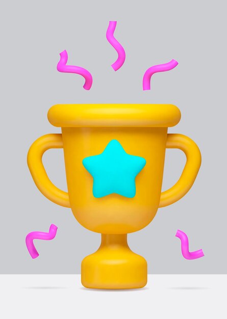 Vector 3d realistic illustration of the award a yellow cartoon cup with a star and purple tinsel