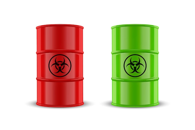 Vector 3d Realistic Illustration Red and Green Simple Glossy Enamel Metal Oil Fuel Gasoline Barrel Set with Biohazard Sign Isolated on White Design Template of Packaging for Mockup Front View