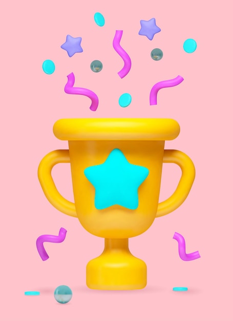 Vector 3d realistic illustration reward yellow cartoon goblet with a star and tinsel and confetti flying out of it