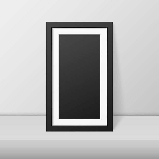 Vector 3d Realistic Modern Interior Black Blank Vertical Wooden Poster Picture Frame on Table Shelf Closeup on White Wall Mockup Empty Poster Frame Design Template for Mockup Presentation