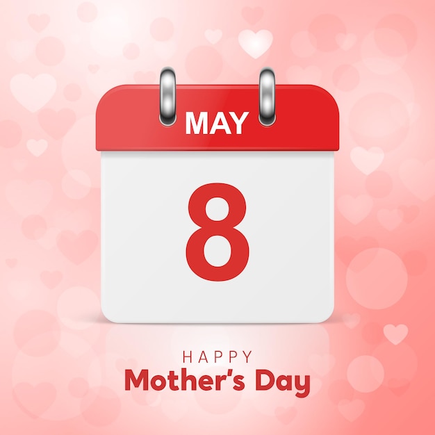 Vector 3d Realistic Mother s Day Greeting Card with Classic Simple Minimalistic Calendar Vector Banner on Pink Red Background Happy Mothers Day Concept May 8