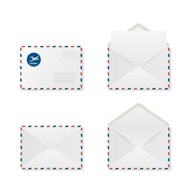 Vector 3d Realistic Open Closed White Envelope Set Isolated Envelopes Blank Empty Paper Sheet Invitation Message Letter Document Design Template for Mockup Envelope Closeup Top View