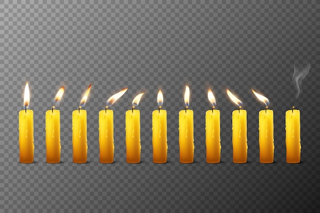 Vector 3d Realistic Orange Paraffin or Wax Burning Candles with Different Flame Icon Set Closeup Isolated on Transparent Background Design Template Clipart