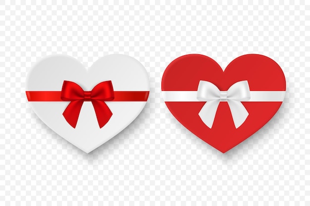 Vector 3d Realistic Paper White Red Valentine Gift Box in the Shape of a Heart Bow Icon Set Isolated Valentine Day Love Concept Design Template of Present Packing for Valentine s Day Top View