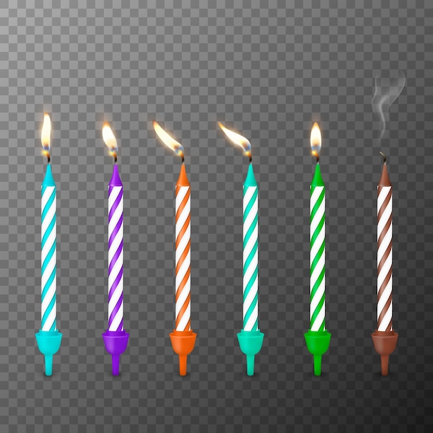 Vector 3d Realistic Paraffin or Wax Birthday Party Burning Candles with Different Flame Icon Set Closeup Isolated on Transparent Background Design Template Clipart