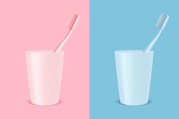 Vector 3d Realistic Pink and Blue Toothbrush and Plastic Holder Cup Set Isolated Medical Dentist Illustration Design Template Clipart Mockup Dental Health Dental Care Concept