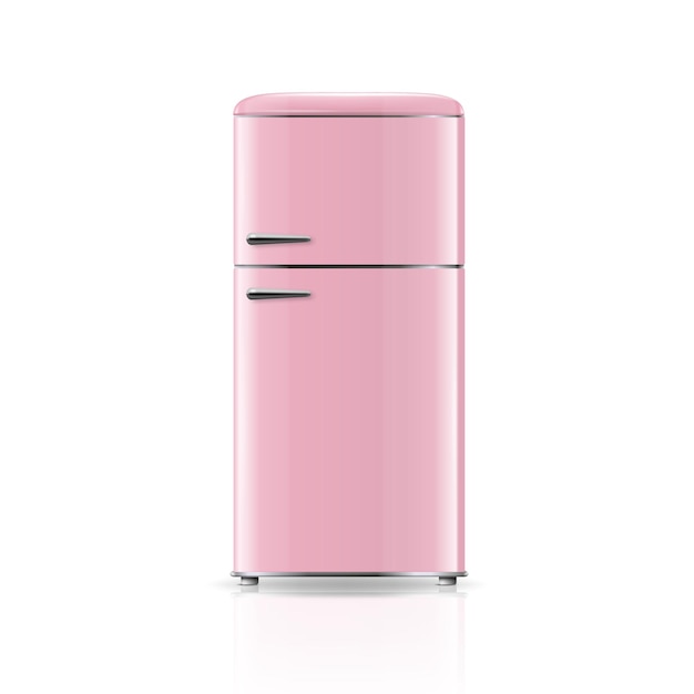 Vector 3d Realistic Pink Retro Vintage Fridge Icon Isolated on White Vertical Refrigerator Closed Fridge Design Template Mockup of Fridge Front View