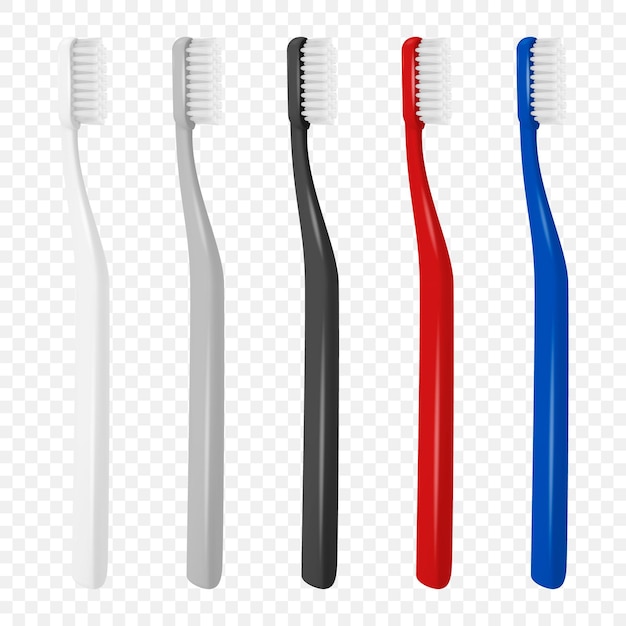 Vector 3d Realistic Plastic Blank Toothbrush Icon Set Isolated on Transparent Background Design Template Mockup Dentistry Healthcare Hygiene Concept Tooth Brush in Front Side Top View