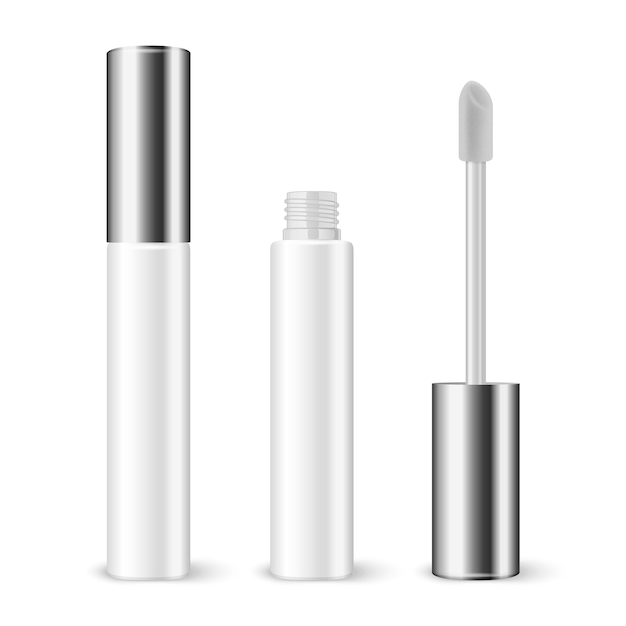 Vector 3d Realistic Plastic Closed Opened White Lip Gloss Lipstick Concealer Package Silver Cap Set Isolated Glass Container Tube Lid Brush Glass Bottle Design Template Mockup Front View