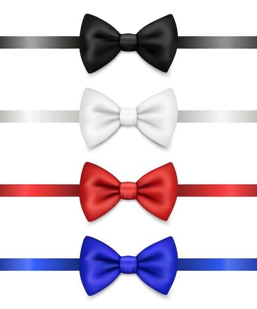 Vector 3d Realistic Red Blue White Black Bow Tie Icon Set Closeup Isolated Silk Glossy Bowtie Tie Gentleman Mockup Design Template Bow tie for Man Mens Fashion Fathers Day Holiday