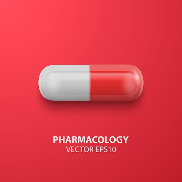 Vector 3d Realistic Red Medical Pill Icon Closeup on Red Background Design Template for Graphics Banners Top View Health Covid Coronavirus Protection Vitamins Pharmacology Medicine Concept