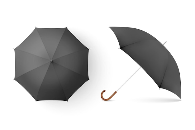 Vector 3d Realistic Render Black Blank Umbrella Icon Set Closeup Isolated on White Background Design Template of Opened Parasols for Mockup Branding Advertise etc Top and Front View