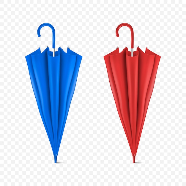 Vector 3d Realistic Render Blue and Red Blank Umbrella Icon Set Closeup Isolated on Transparent Background Design Template of Closed Parasols for Mockup Branding Advertise etc Front View