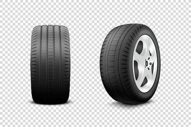 Vector vector 3d realistic render car wheel icon closeup isolated on transparent background design template of new tires with alloy rims front and side view