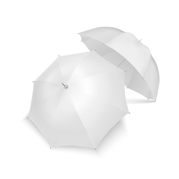 Vector 3d Realistic Render White Blank Umbrella Icon Set Closeup Isolated on White Background Design Template of Opened Parasols for Mockup Branding Advertise etc Top and Front View