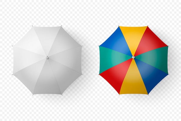 Vector 3d Realistic Render White and Color Blank Umbrella Icon Set Closeup Isolated on Transparent Background Design Template of Opened Parasols for Mockup Branding Advertise etc Top View