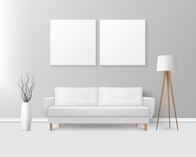 Vector 3d Realistic Render White Sofa Couch with Pillows in Simple Style in Modern Room Apartment Salon Art Gallery Living Room Reception Lounge or Office Interior White Posters On the Wall