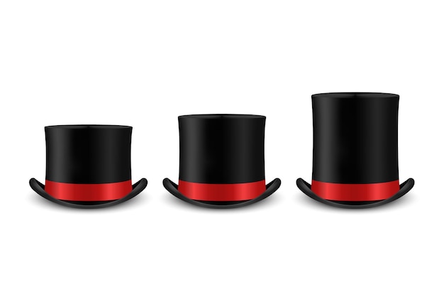 Vector 3d Realistic Retro Vintage Black and Red Top Hat Icon Set Closeup Isolated on White Design Template of Top Hat Mockup Gentlemans Hat Icon Top Hats in Front View