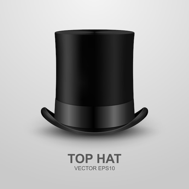 Vector 3d Realistic Retro Vintage Black Top Hat Icon Closeup Isolated on White Background Design Template of Top Hat Mockup Gentlemans Hat Icon Top Hat in Front View