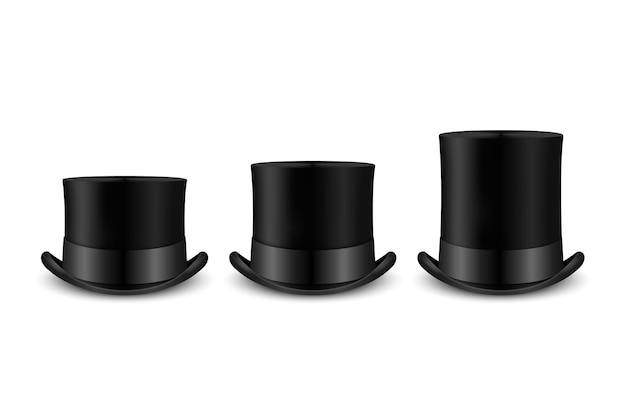 Vector 3d Realistic Retro Vintage Black Top Hat Icon Set Closeup Isolated on White Design Template of Top Hat Mockup Gentlemans Hat Icon Top Hats in Front View