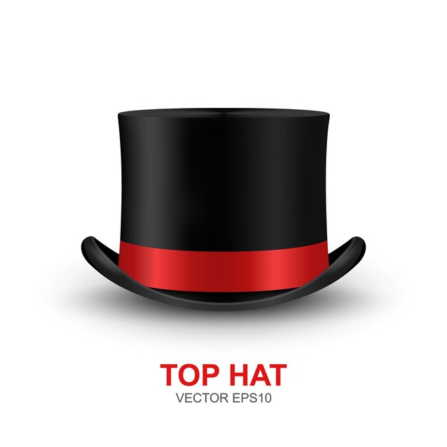 Vector 3d Realistic Retro Vintage Black Top Hat with Red Ribbon Icon Closeup Isolated on White Background Design Template of Top Hat Mockup Gentlemans Hat Icon Top Hat in Front View