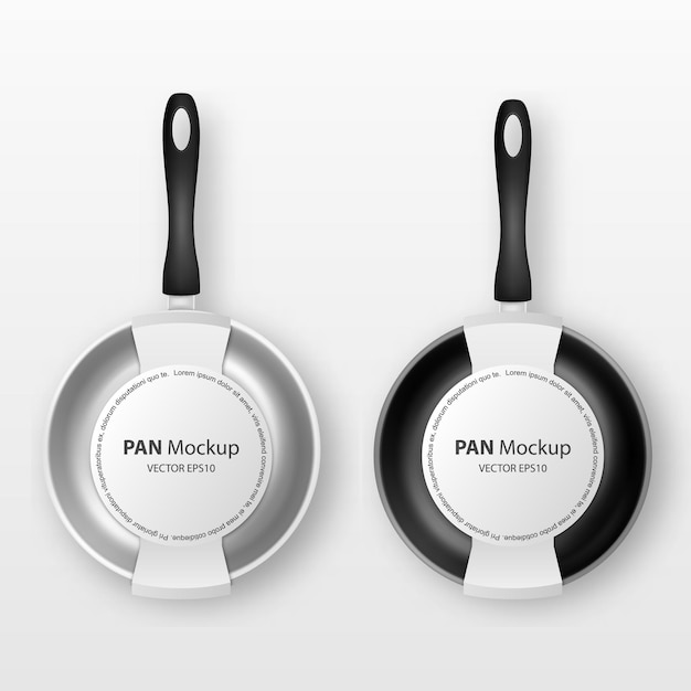 Vector 3d Realistic Steel Gray Silver and Black Empty Frying Pan with Paper Label Set Closeup Isolated on White Background Design Template for Mockup Top View