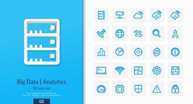 Vector 3d realistic style icons set Illustration with big data and analytics technology outline symbols Bigdata database seo server information security line pictogram Top view shadow