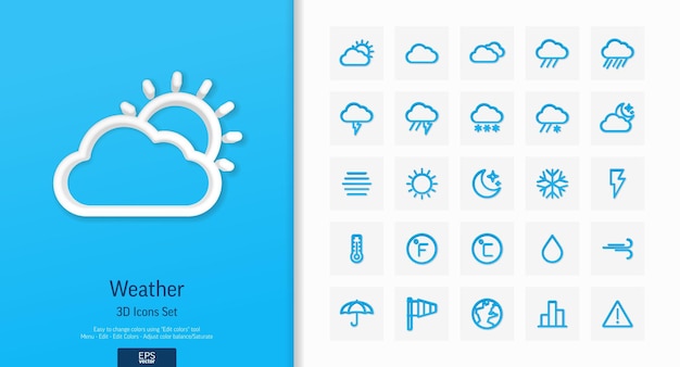 Vector 3d realistic style icons set with weather and meteo line symbol