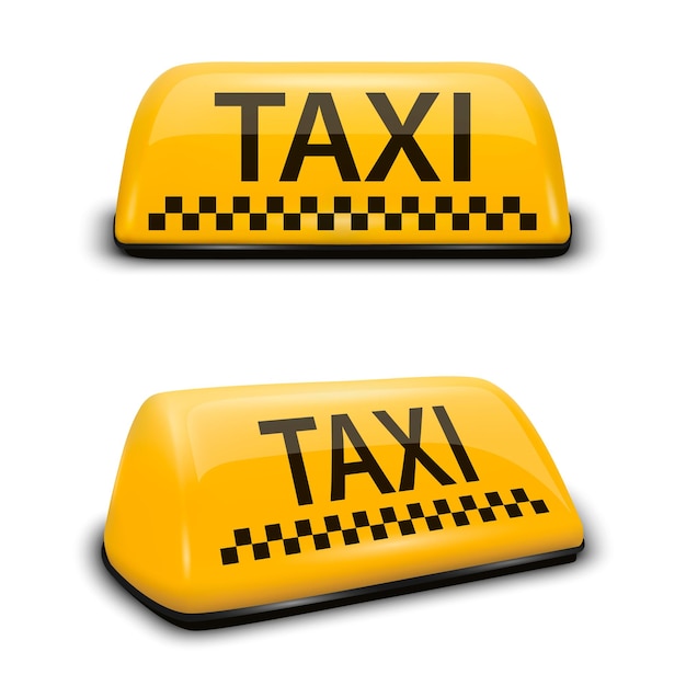 Vector 3d Realistic Taxi Car Roof Sign Icon Set Closeup Isolated on White Yellow French Taxi Sign