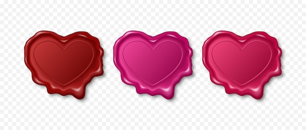 Vector 3d Realistic Vintage Red Pink Stamp Wax Seal Set Isolated Sealing Wax Stamps Heart Shaped Labels for Quality Certificate Document Letter Envelop Valentine Day Love Concept