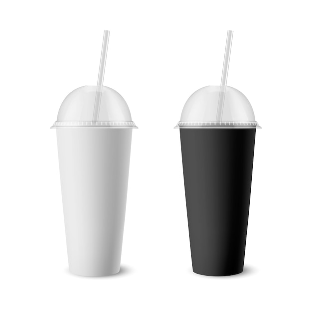 Vector 3d Realistic White Black Paper Disposable Cup Set with Lid Straw for Beverage Drinks Isolated Coffee Soda Tea Cocktail Milkshake Design Template of Packaging for Mockup Front View