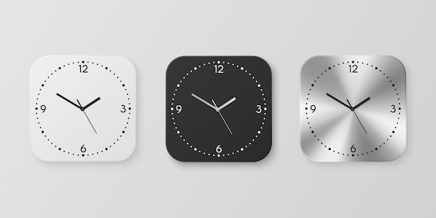 Vector 3d Realistic White Black and Slver or Chrome Steel Wall Office Clock Icon Set Isolated Design Template of Wall Clock Face Closeup Mockup for Branding and Advertise Front View