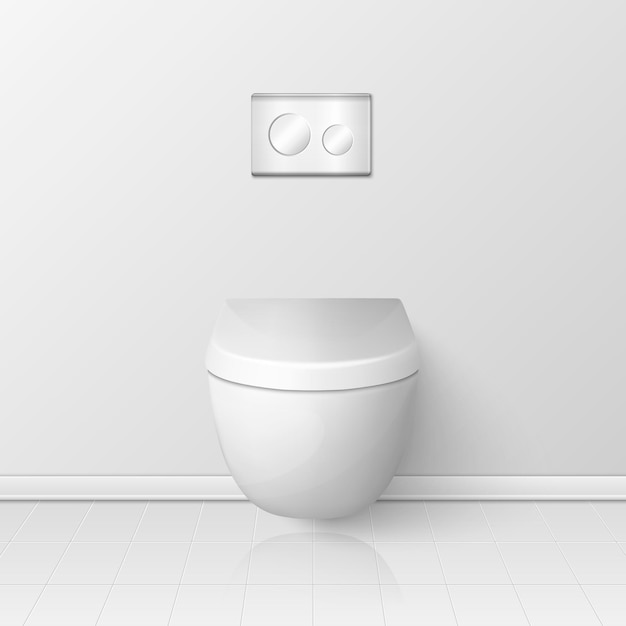 Vector 3d Realistic White Ceramic Closed Toilet Bowl with Lid in the Toilet Room Plumbing Mockup Design Template for Interior Cleaning Hygiene Concept Front View